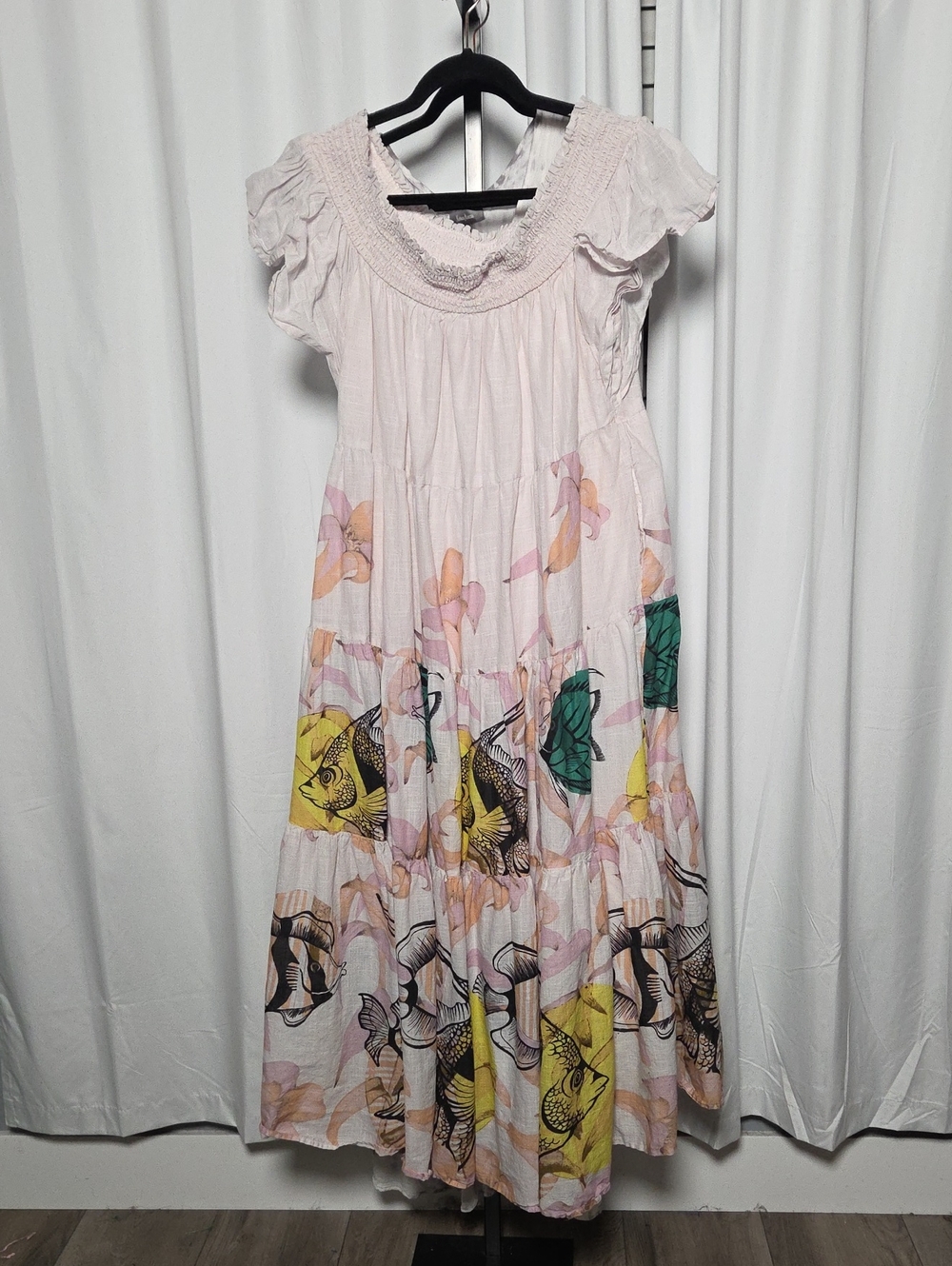 Maeve Light Pink Tiered Dress with Yellow & Green Fish Print